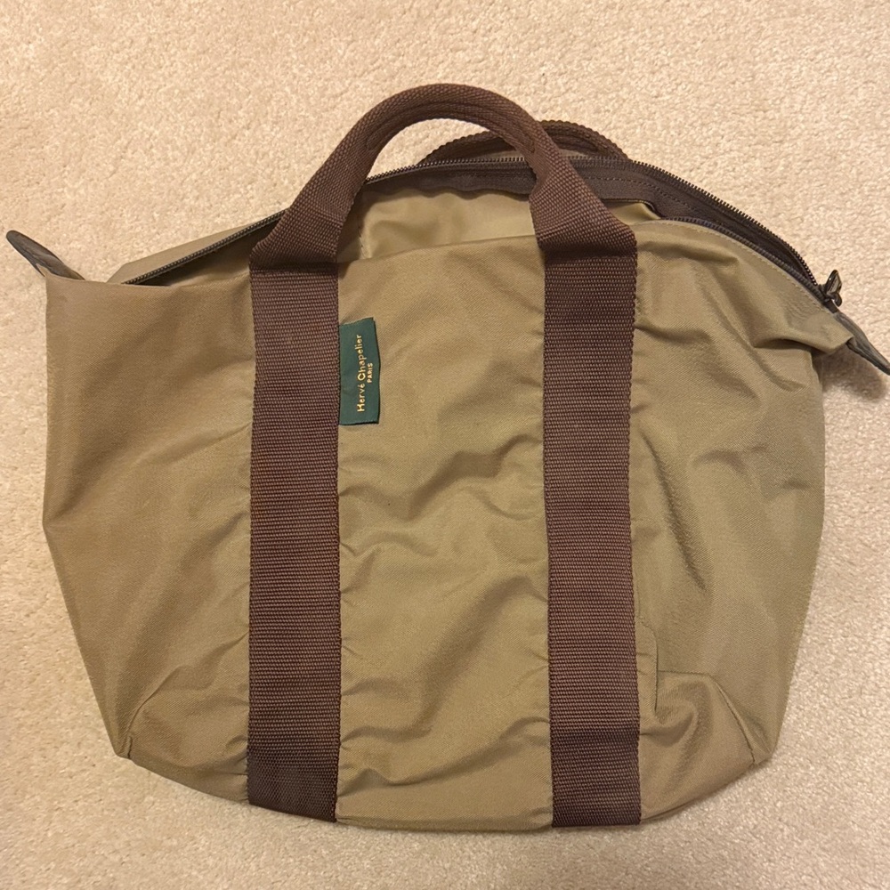Classic Tan/Green Duffel Bag with Brown Straps